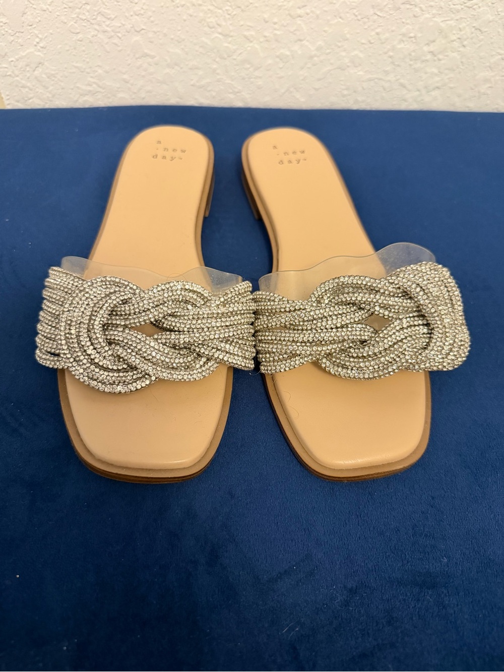 A New Day Women's Slide Sandals Slip-On Flat Beige/Silver Rhinestone US 6.5